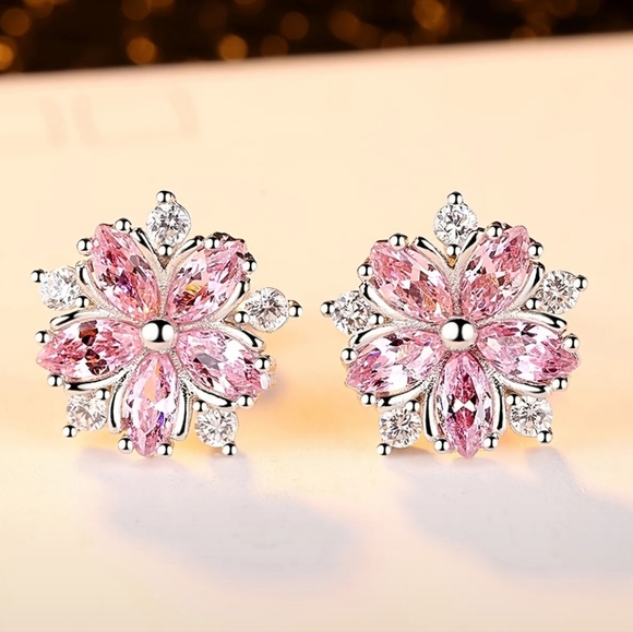 Cherry Blossom Stud Zircon Sterling Silver Plated Earrings - Picture 1 of 5